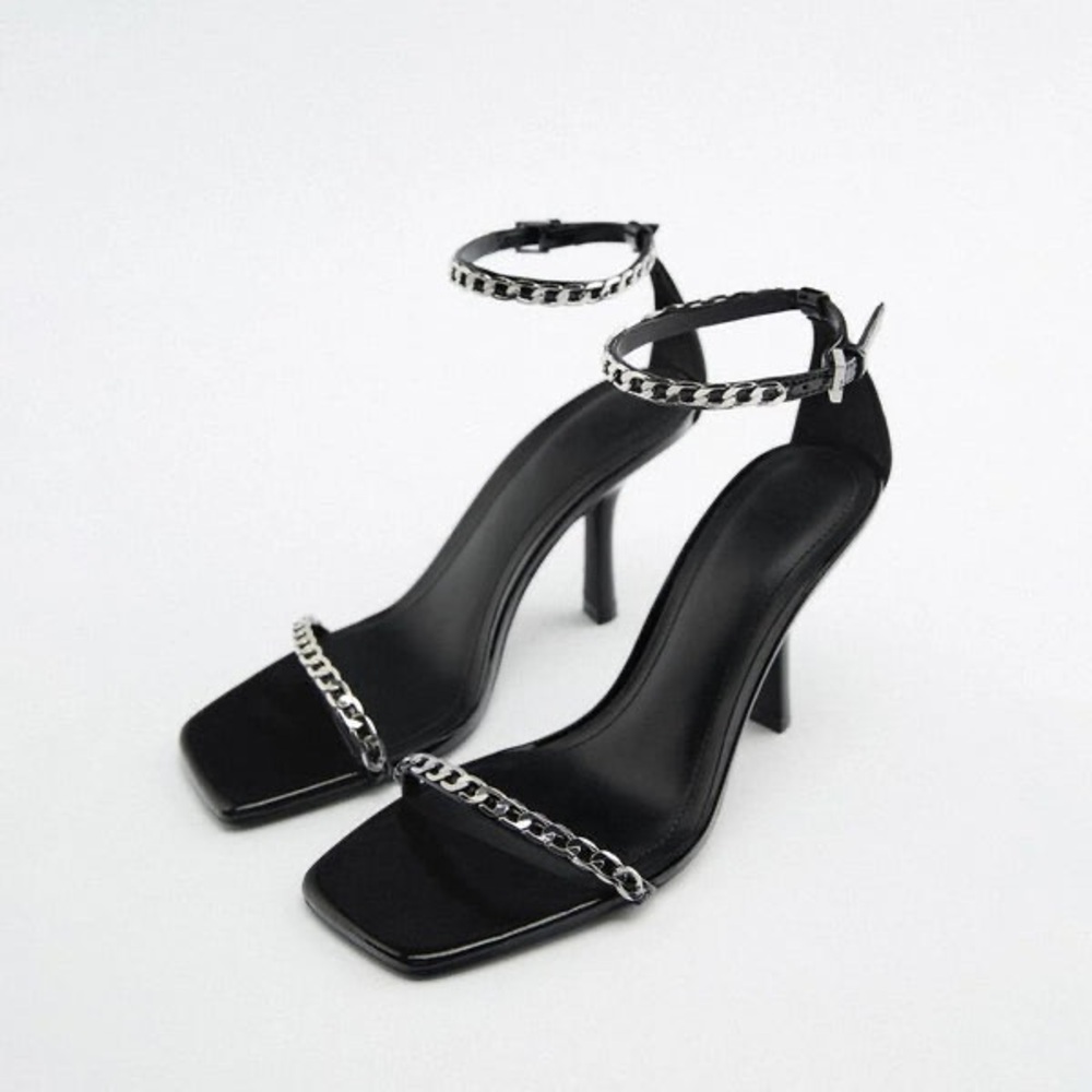 Zara Chain Strap Stiletto Heeled Sandals Black Silver Size US 7
